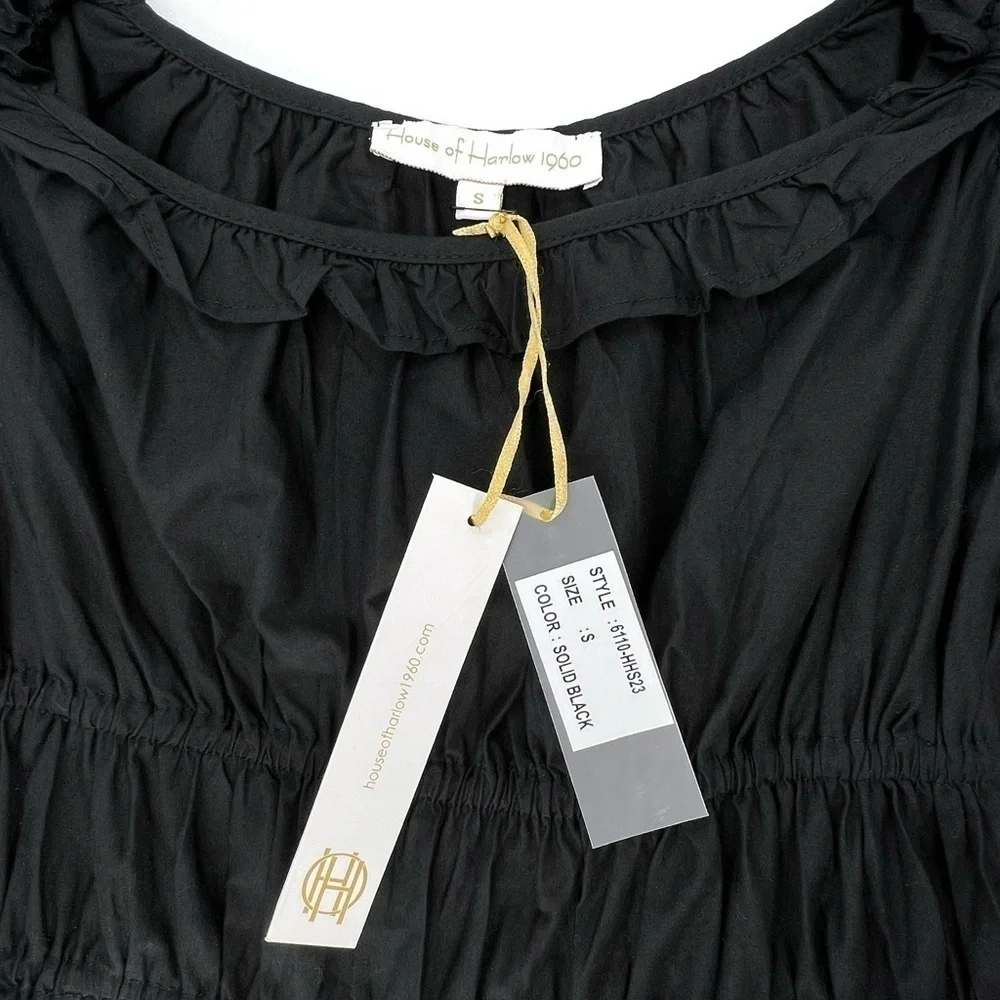 House of Harlow 1960 Black Cotton Peasant Dress Size Small Mini New NWT